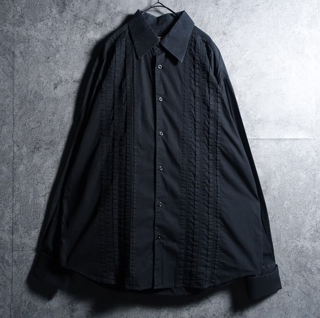 Black Pleated Design Dress Shirt