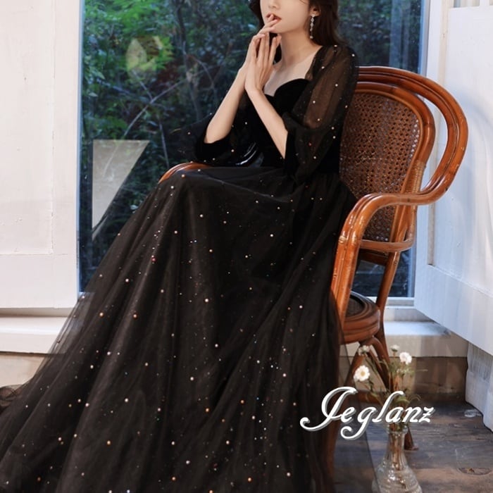 パーティ イブニングドレス チュール ラインストーン 光沢感 5分袖(M8888)ζ
