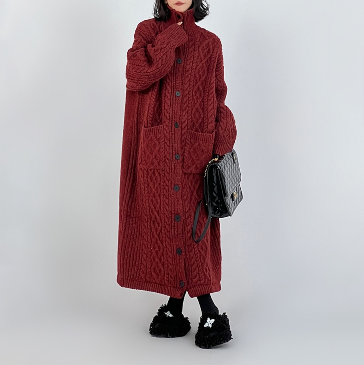 オーバーサイズ ハイネックロングニットカーディガン H0049