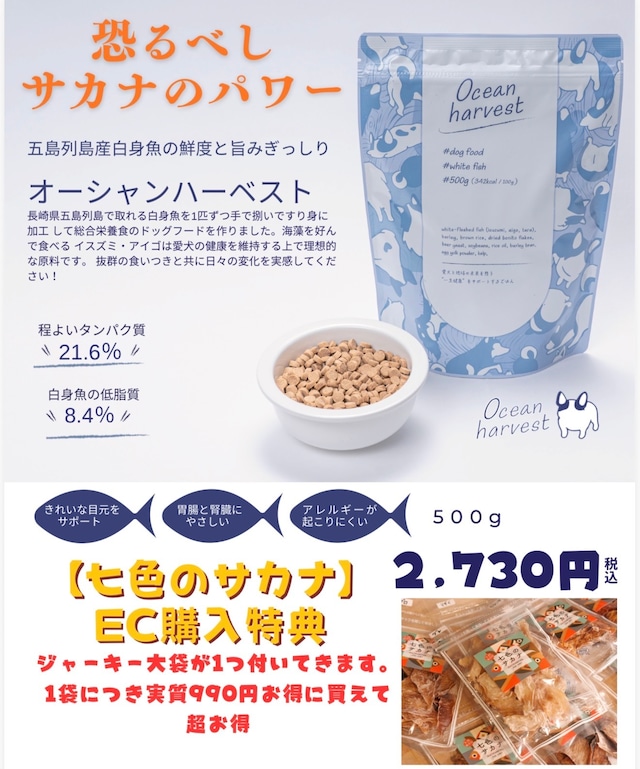 【送料無料】オーシャンハーベスト500g×3個セット　魚の総合栄養食　ジャーキー3個付き
