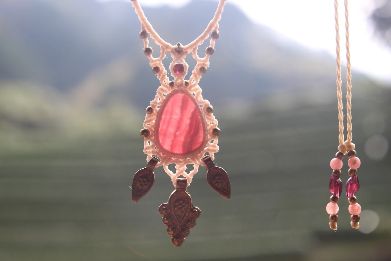 Rhodochrosite   micro macrame  necklace