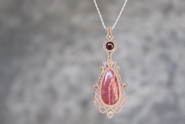 Rhodochrosite  & Rhodolite Garnet micro macrame  pendant