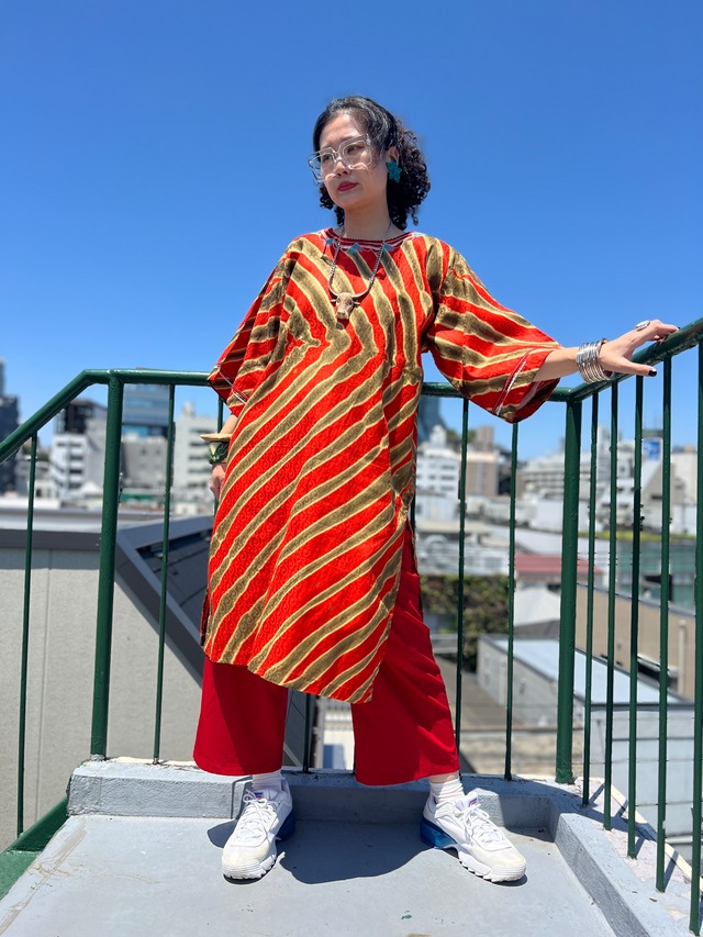 Vintage african batik orange cotton dress ( ヴィンテージ  アフリカン バティック コットン ワンピース )