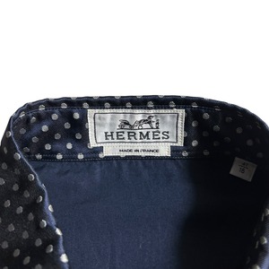 HERMES dot woven silk panel switching dark navy cotton shirt