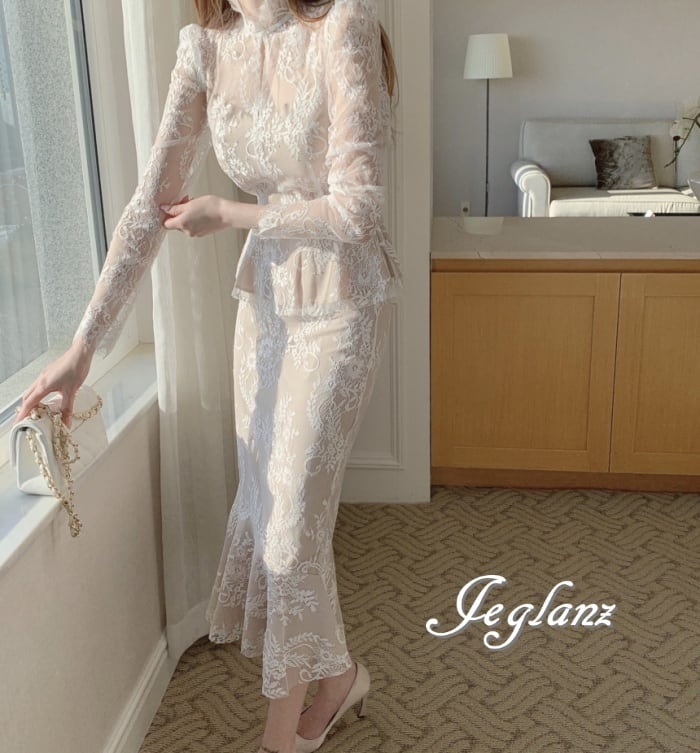 セットアップ 2点 総レース ペプラム ブラウス スカート セットアップ 2点 総レース ペプラム ブラウス スカート