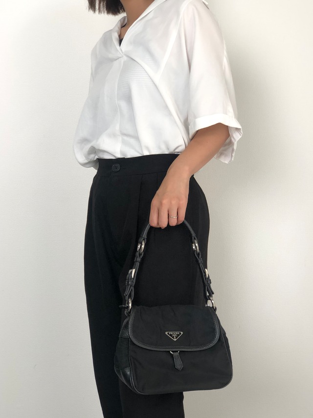 PRADA プラダ ショルダーバッグ ブラック トライアングルロゴ ナイロン レザー ホーボーバッグ vintage ヴィンテージ オールド ytkjet