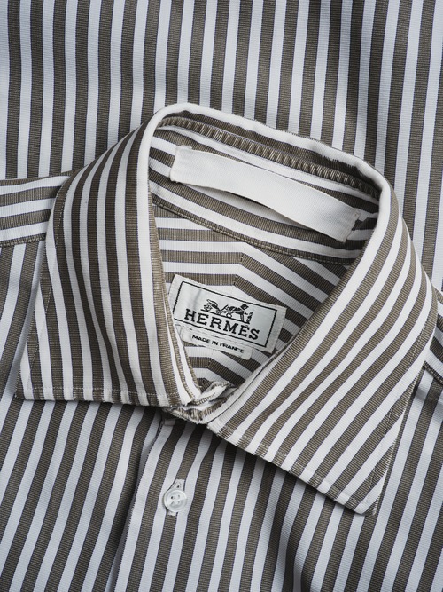 【1990s】“Hermès PARIS” Block Stripe Two-Button Collar CottonShirt (Designed by Véronique Nichanian)