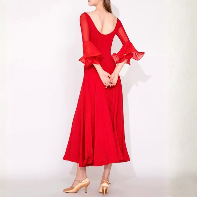 シアーメッシュスリーブ ベルフレア ロング ダンスドレス 2col D00626