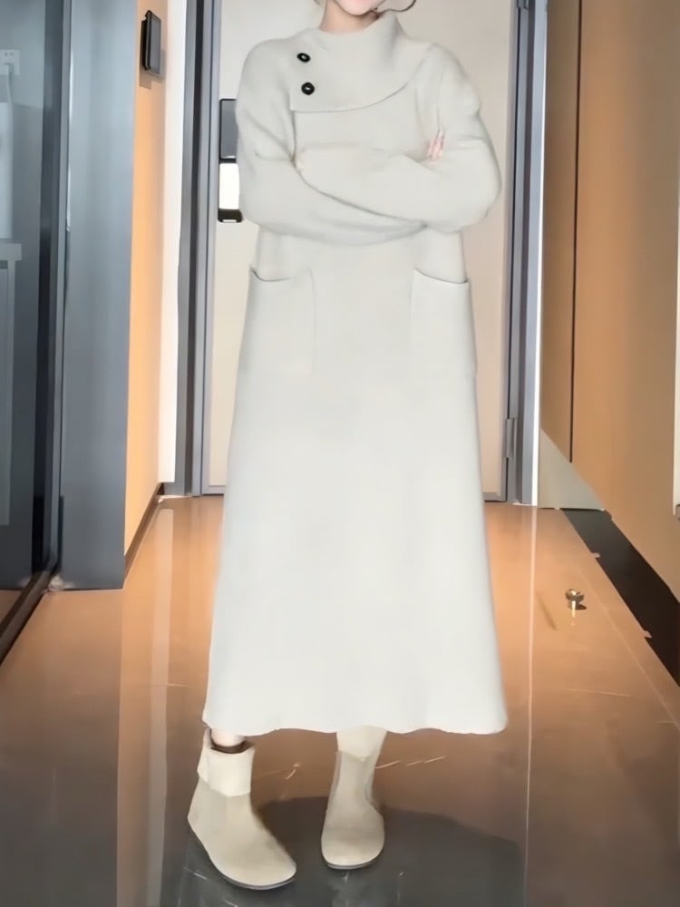 冬の愛されコーデ ロングニット ハイネック ゆったりシルエット 大人可愛い ボタン付き 大きいサイズ 韓国 CH10263