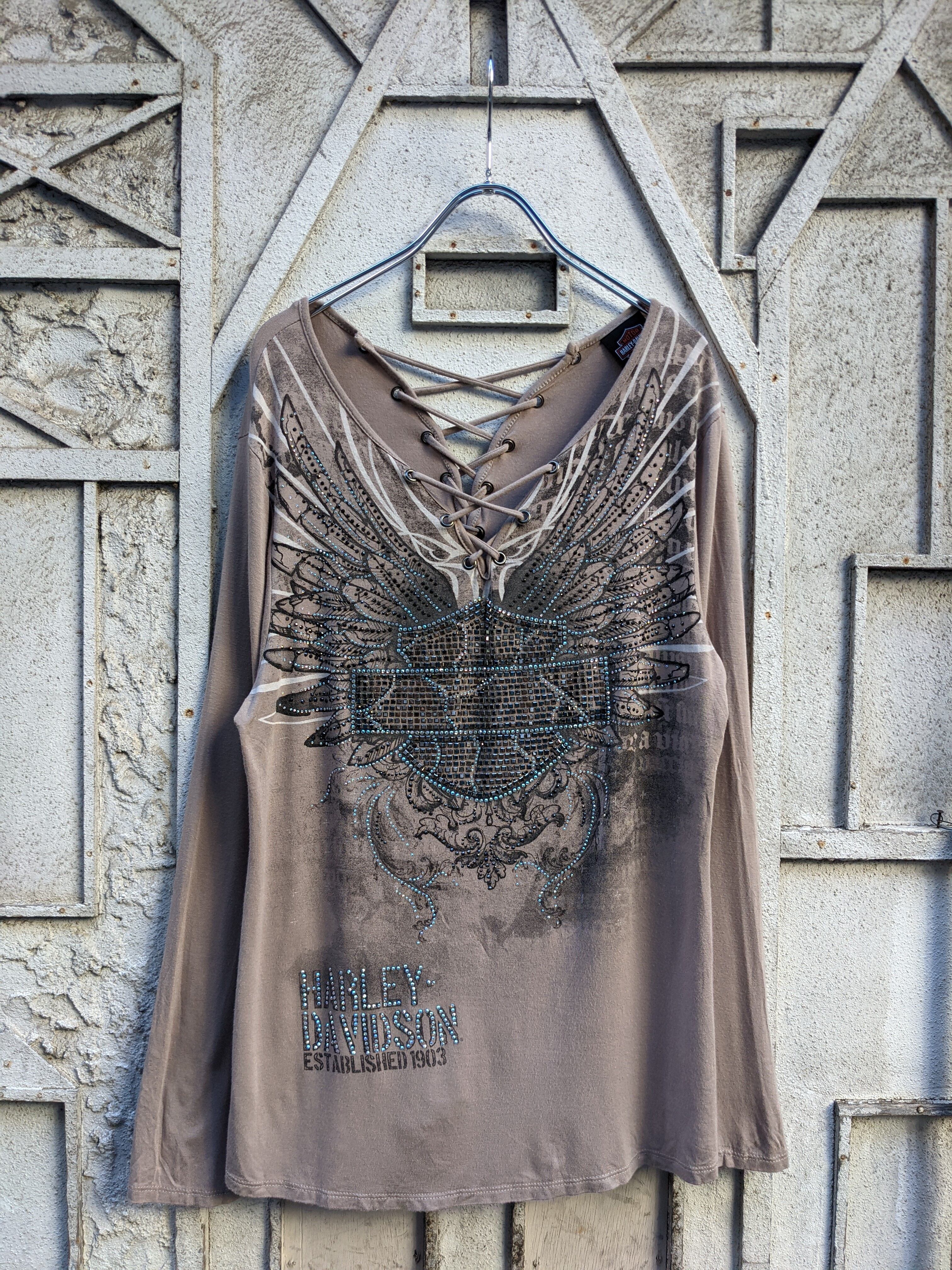 "HARLEY DAVIDSON" line stone & lace up L/S