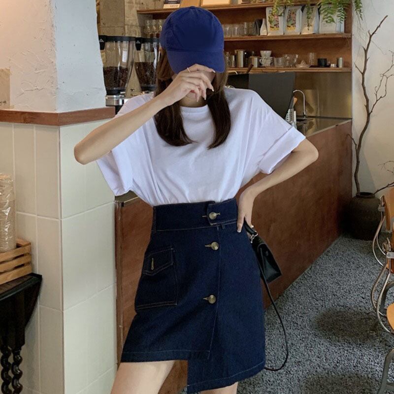 サマールーズラウンドネックTシャツ ハイウェストAラインスカート 夏物 Oネック YY-ファッション18717700211