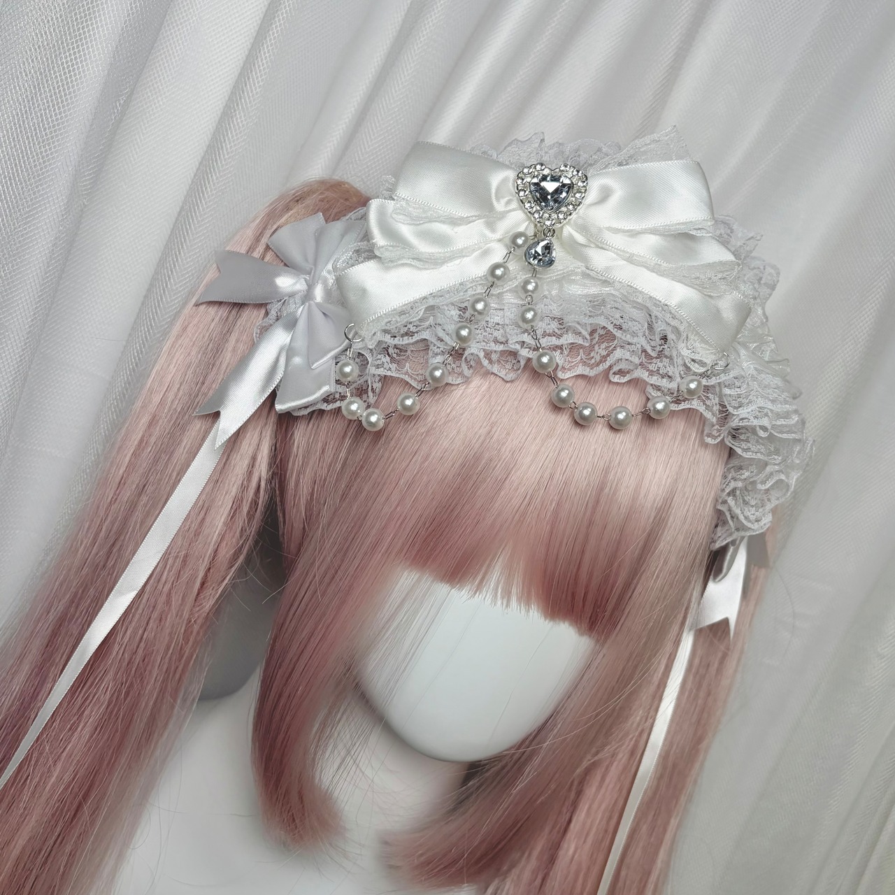 ♡【全2色】地雷系 パールチェーン＆クリスタルハート フリルリボンヘッドドレス white ♡