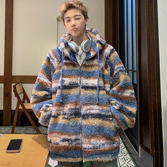 【予約販売】ボアブルゾン アウター ブラック ボーダー柄 冬 ジャケット ショート丈 レッド/イエロー/グレー メンズ カジュアル 男前 こなれ感 お洒落 韓国 トレンド 秋 冬 M/L/XL/2XL