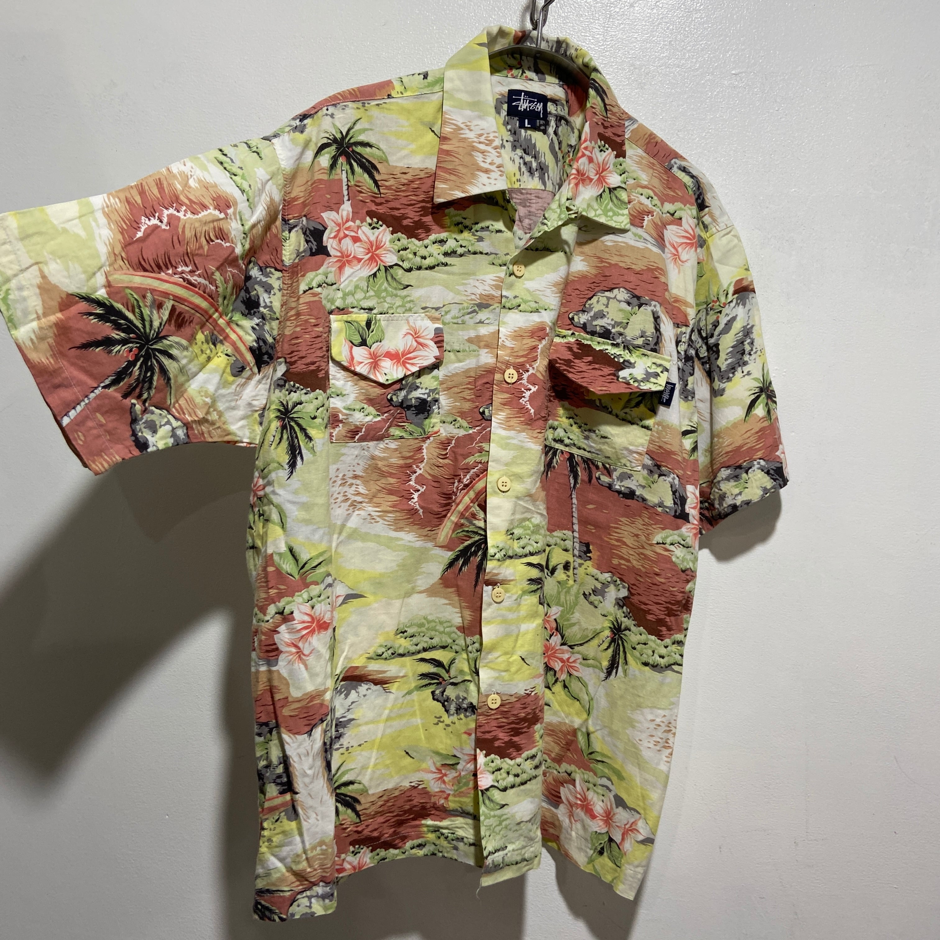 送料無料』stussy ステューシー 90s 半袖アロハシャツ USA製 L 紺タグ 
