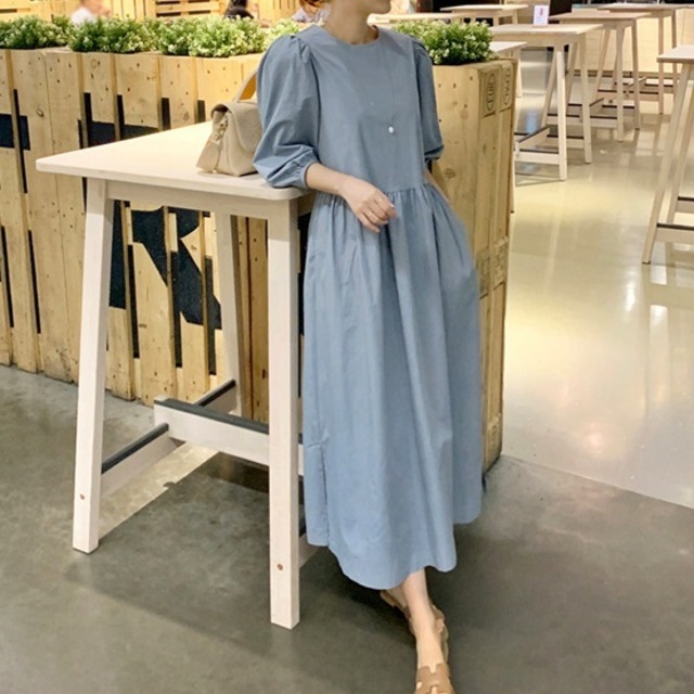ワンピース 水色 レトロ可愛い パフスリーブ ラウンドネック ギャザーワンピース バックボタン ガーリー 大人可愛い 春夏 Choco Chaco ワンピース 水色 レトロ可愛い パフスリーブ ラウンドネック ギャザーワンピース バックボタン ガーリー 大人可愛い 春夏 Choco Chaco