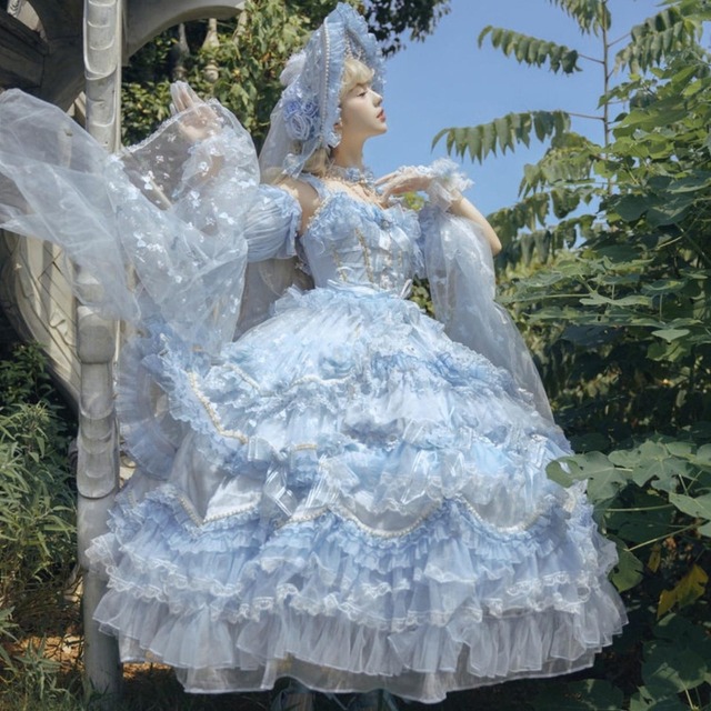 ロリィタ好きな方に｜お茶会 イベント向け スイートロリィタ フリル ロング ドレス 淡色 ブルー ガーリー デザイン｜天使と悪魔