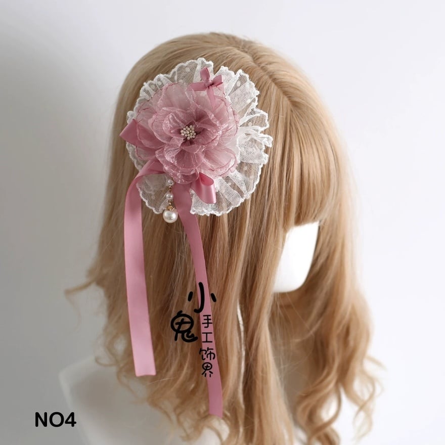 甘ロリ 白ピンク花リボン髪飾り お茶会コーデ