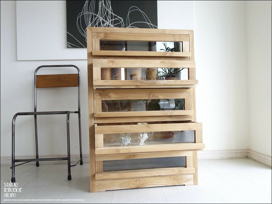 チーク総無垢材 前面ガラス引出五杯N 食器棚 チェスト キャビネット 収納棚 シンプル 箪笥 手づくり ナチュラル 無垢 銘木家具