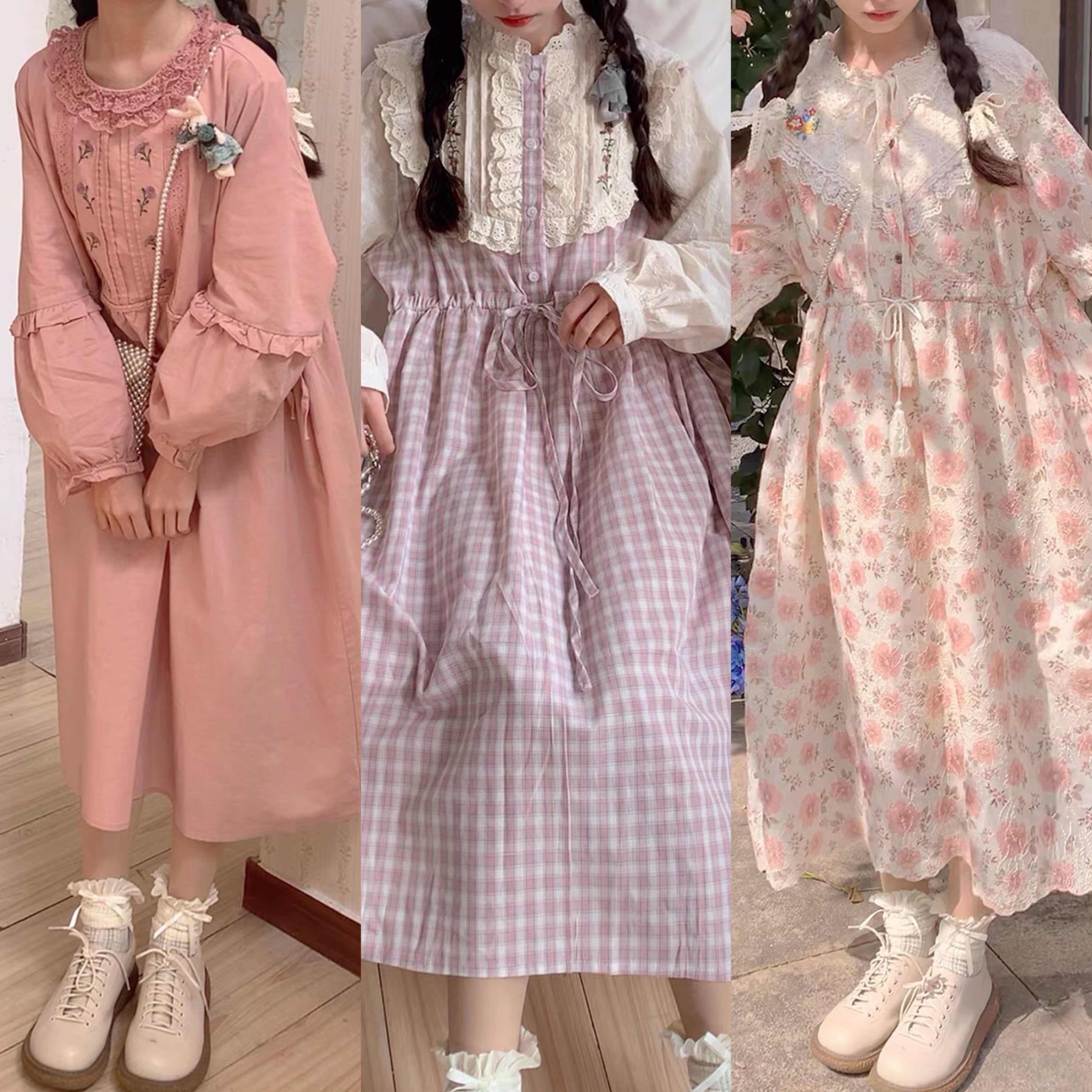 ワンピース 紫 ピンク ワンピース 水色 白 ブラウス 丸襟 エプロン