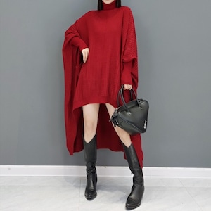 TURTLE NECK BAT SLEEVES SOLID KNIT DRESS 2colors M-4106