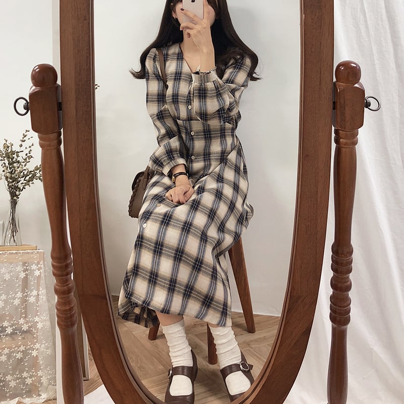 dress】カジュアルワンピースレトロチェック柄森ガール | nanastyle