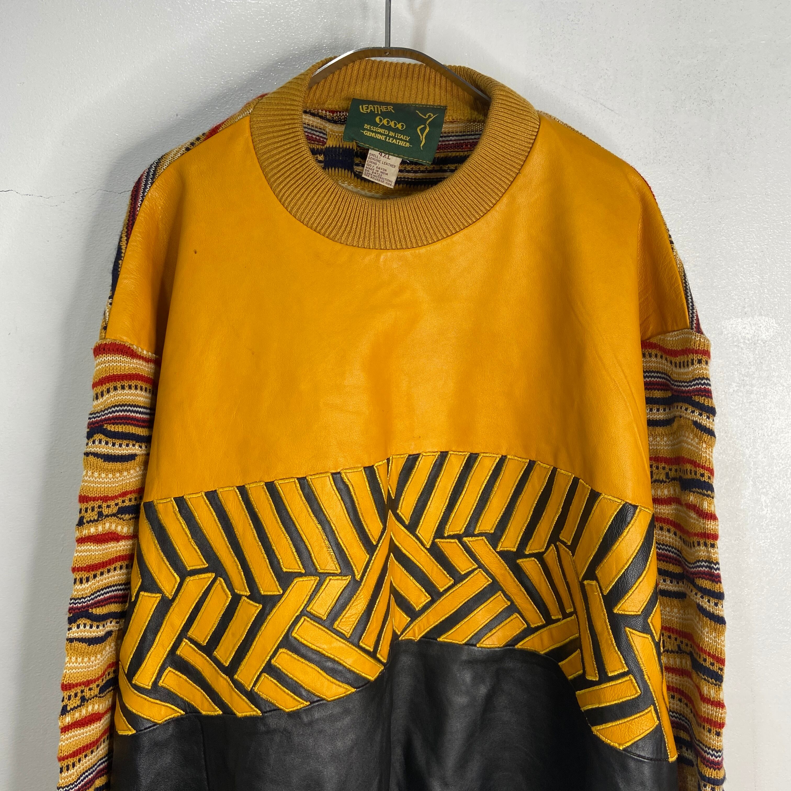 希少 90s レザー切り替え3Dニット デザインセーター クージー風 黄 4XL 