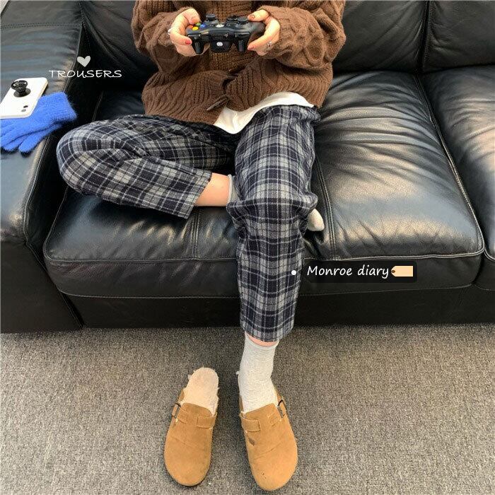 格子柄パンツ ハイウェストカジュアルスプリングルーズ薄手 春物 モンロー11484427870
