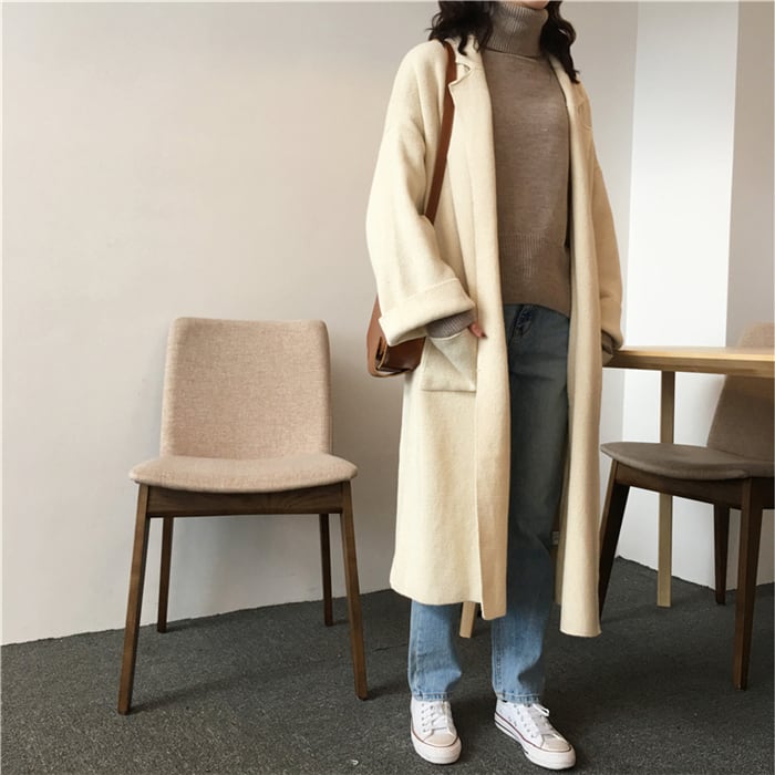 ロングニットカーディガン ニットコート 羽織 襟付き ポケット 落ち肩