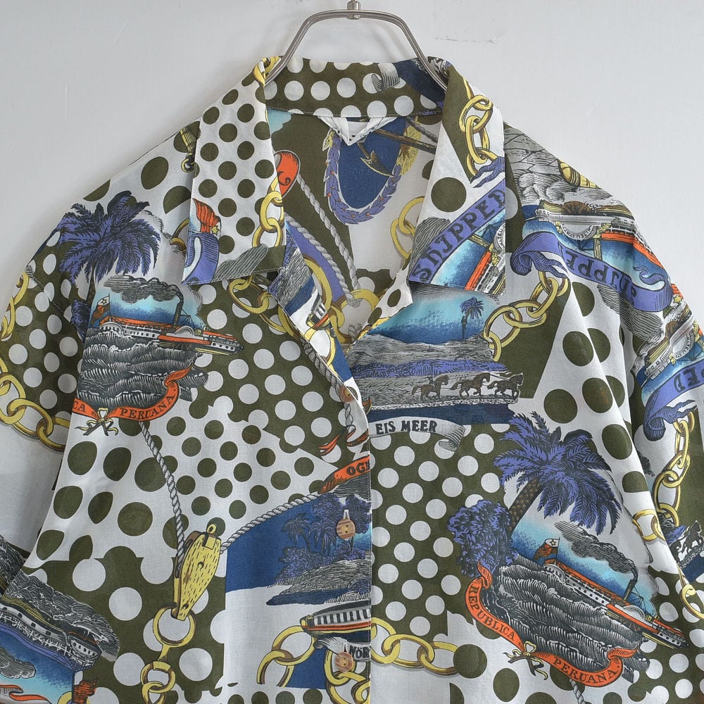 80~90s BEL-ART ドッド&風景柄 デザイン 総柄 オープンカラーシャツ ジャパンヴィンテージ 半袖 マリン柄 開襟 ビンテージ 古着 レディースL~XL相当