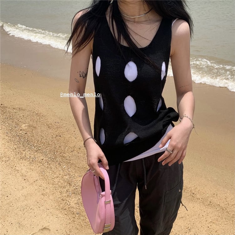 ブラックニットサマーブラウス 夏物 モンロー31330927683