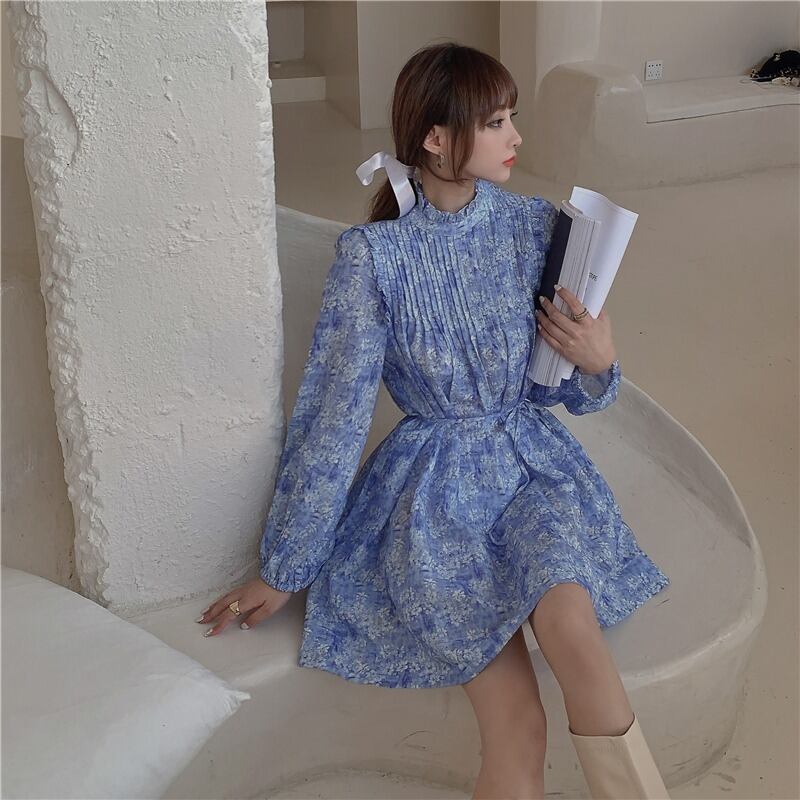 センフローラルホワイト長袖ドレス女性のウエストは細く、2020年秋に気質の新しい小さなスカート ドラファッションホール25694213275