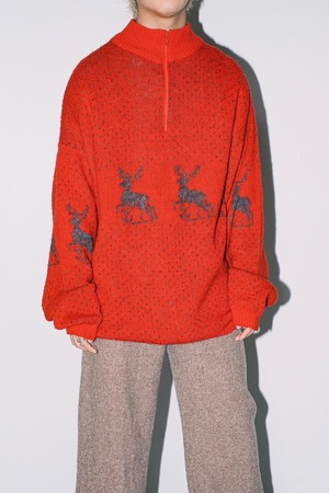 1990s reindeer pattern halfzip knit