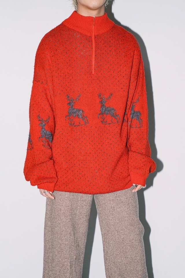 1990s reindeer pattern halfzip knit