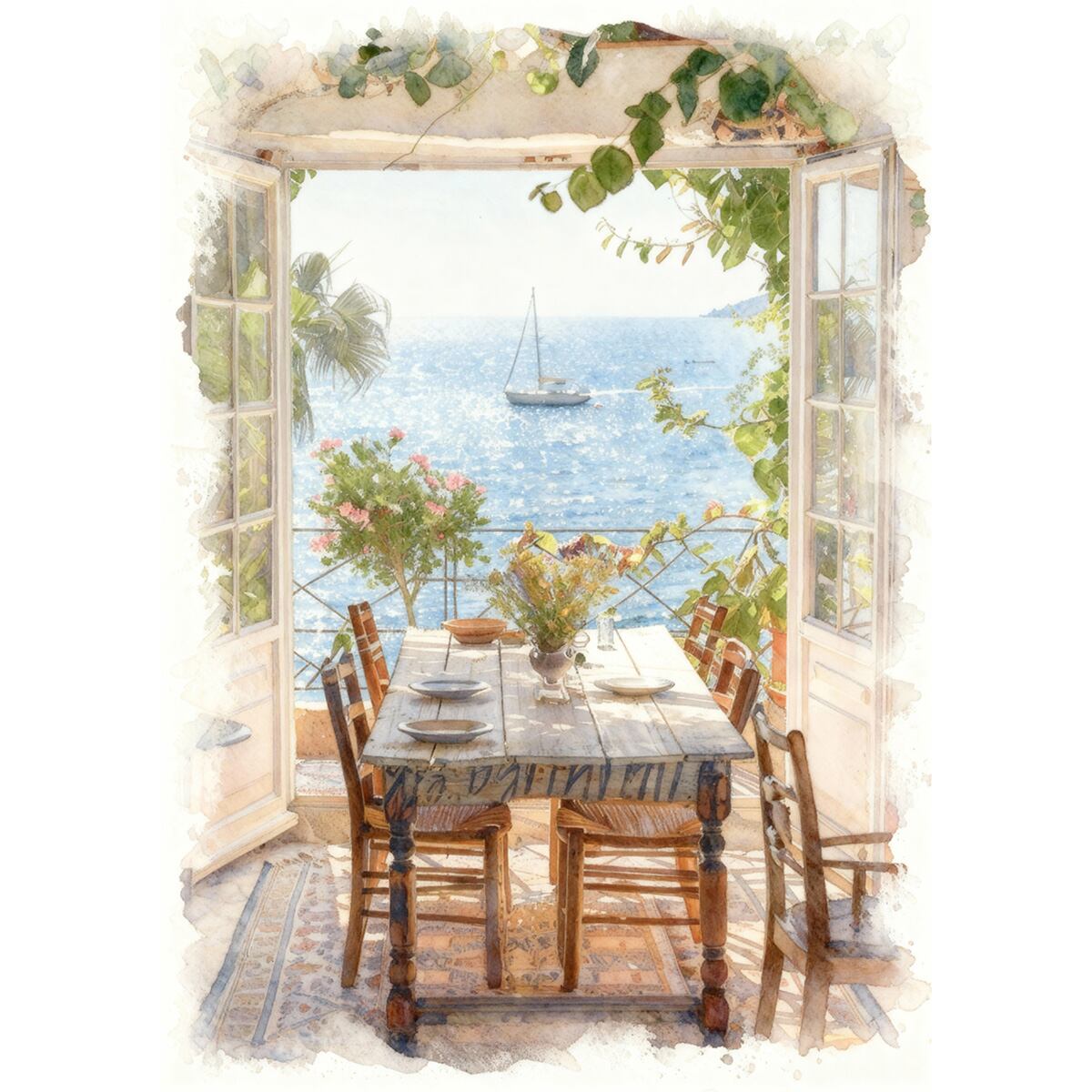 絵画 風景画 夏 ギリシャ 地中海沿岸 海辺の家 インテリアアート額付き 水彩画風 WAT1657