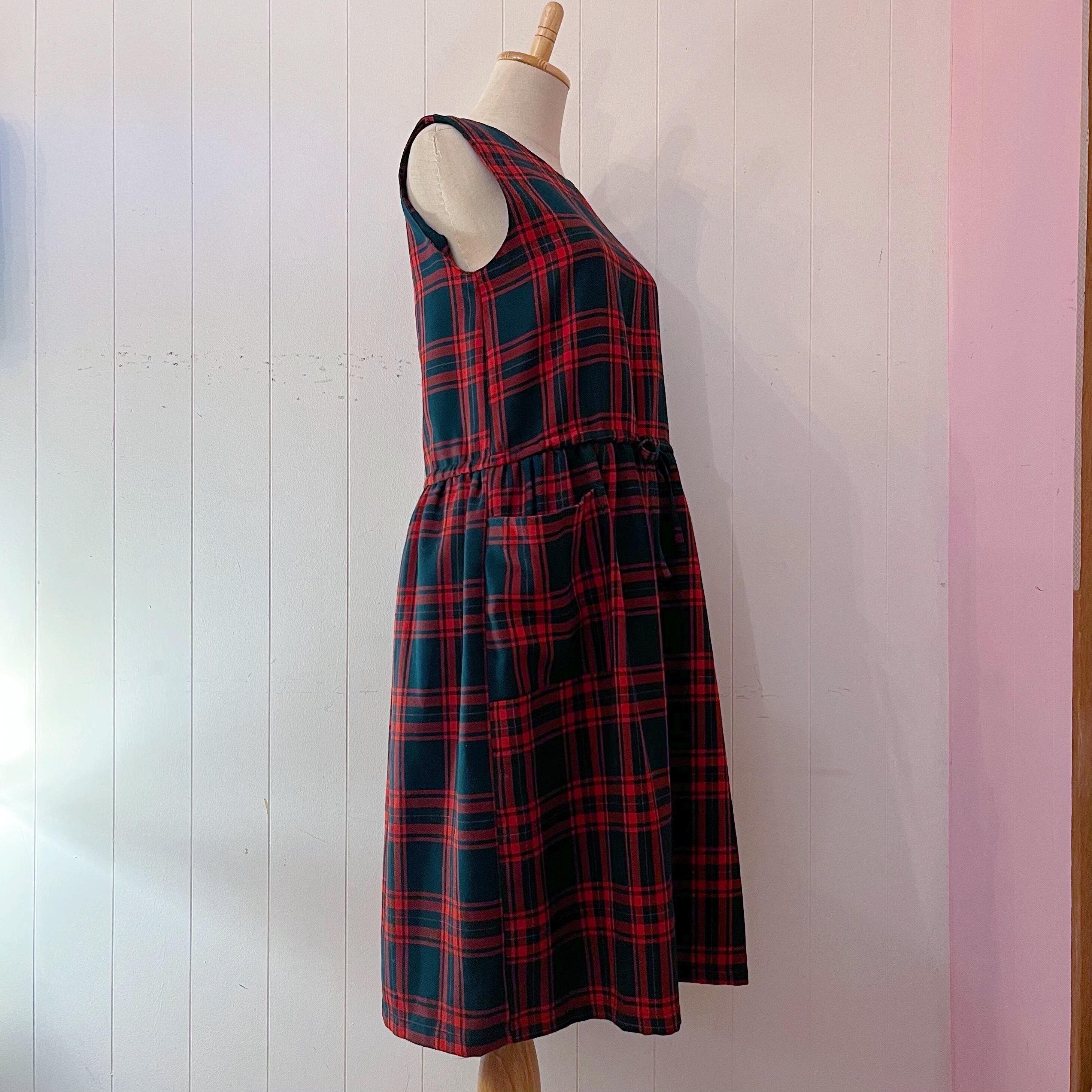 red check back button jumper skirt