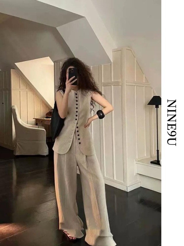 vest＆wide-pants natural simple 2set【NINE7749】