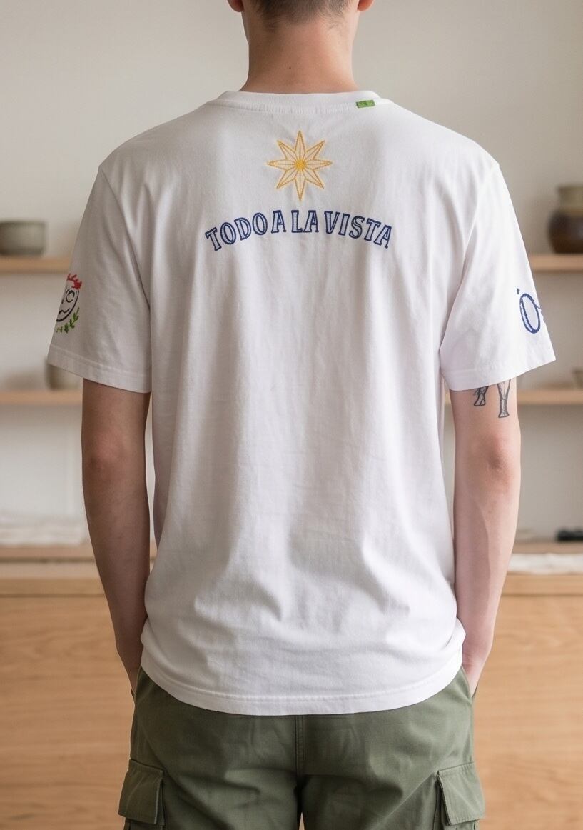 ブローチ付きボーン刺繍アートTシャツ～Bone Embroidered Art Tee with
