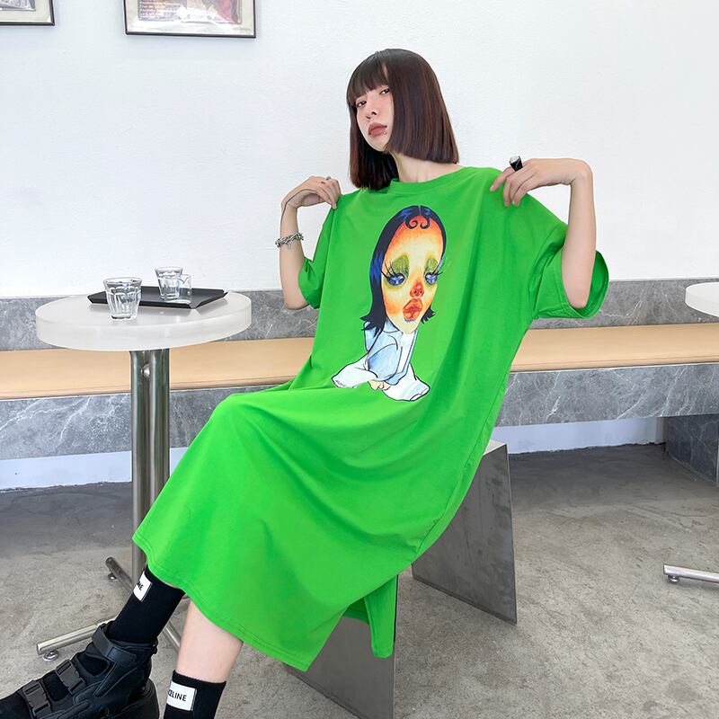 グリーンTシャツ ドレス サマープリントルーズ薄手ロングスカート 夏物 ラブタオタオダレンハウス83887404933