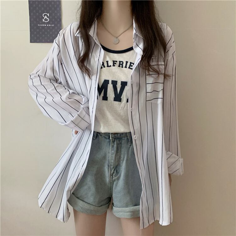 サマープリント柄ノースリーブストライプシャツ ロング 夏物 1号婦人16229628074