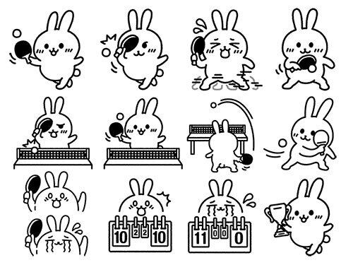 いろいろなシーンの、卓球うさぎ（線画）のイラストセット【卓球うさぎ