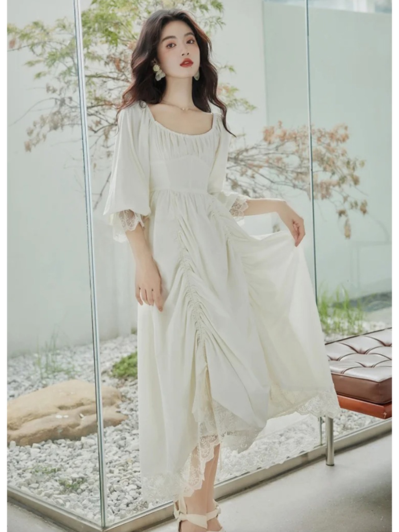 【0260】2set Lace Gathers Long Sleeve Dress