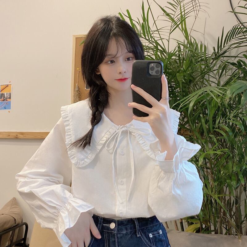 ホワイトカラーシャツ スプリングオータムスタイルブラウス 春物 秋物 試着室66927113528