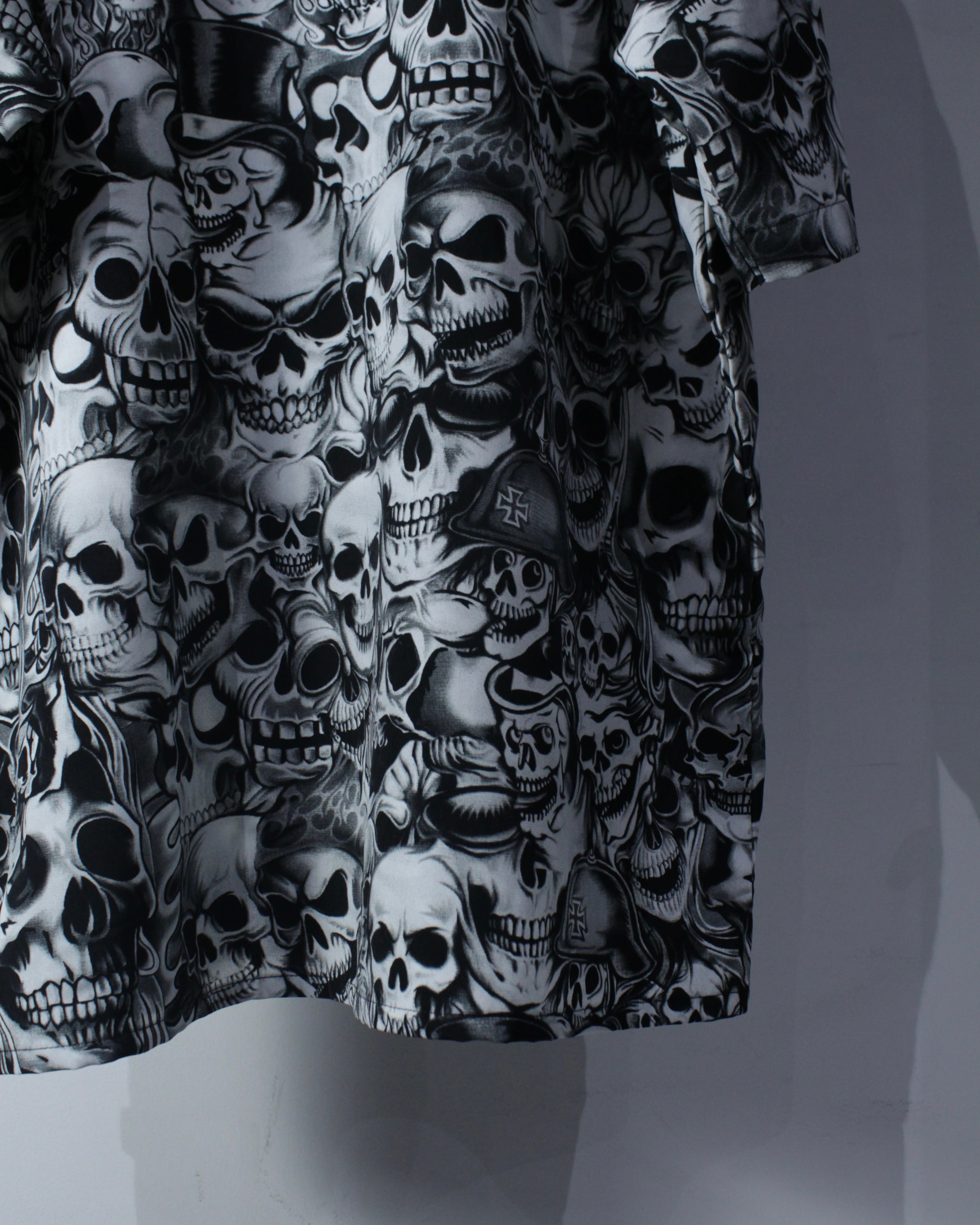 Caka BLACK】Skull Total Pattern Loose S/S Open Collar Shirt | Caka