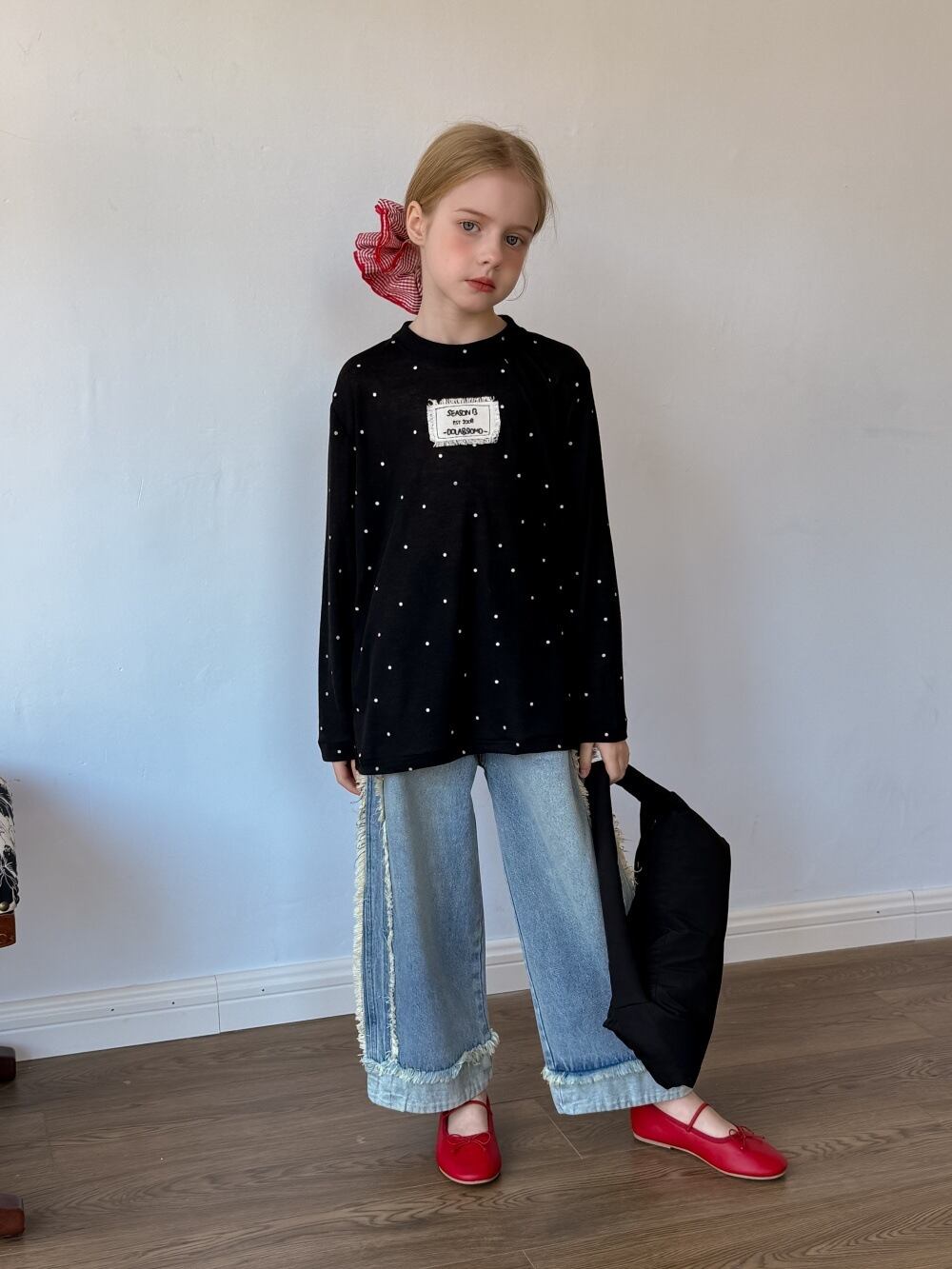 2colorフリンジタグドット薄手トップス