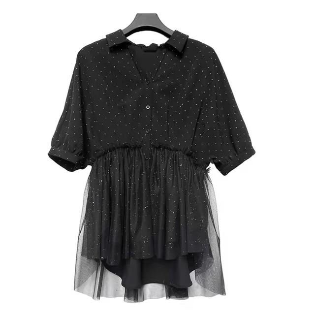 waist mesh patchwork blouse【2024051702】