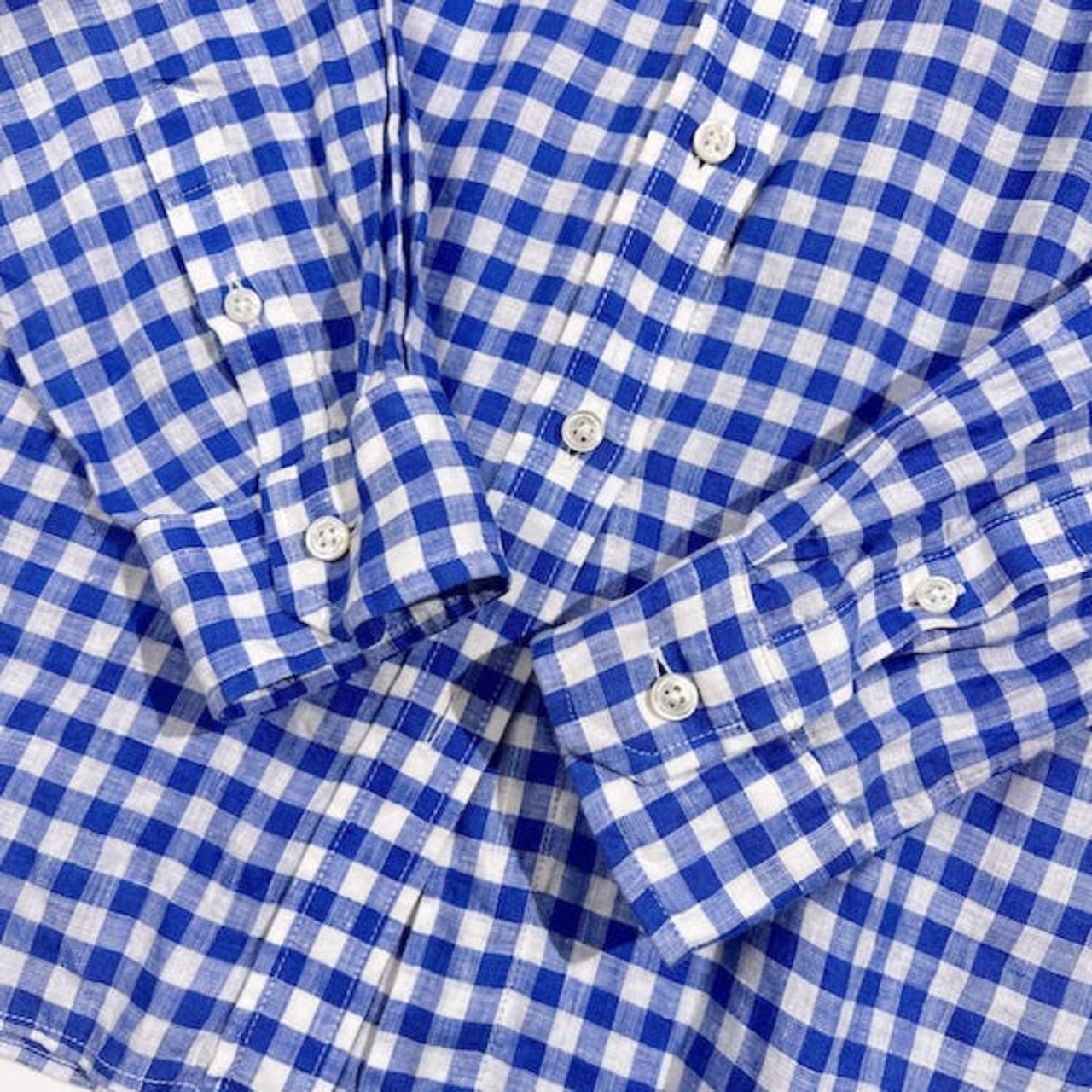 リネン100% MACPHEE マカフィー トゥモローランド ギンガムチェック柄 長袖シャツ 38/ブルー系 レディース