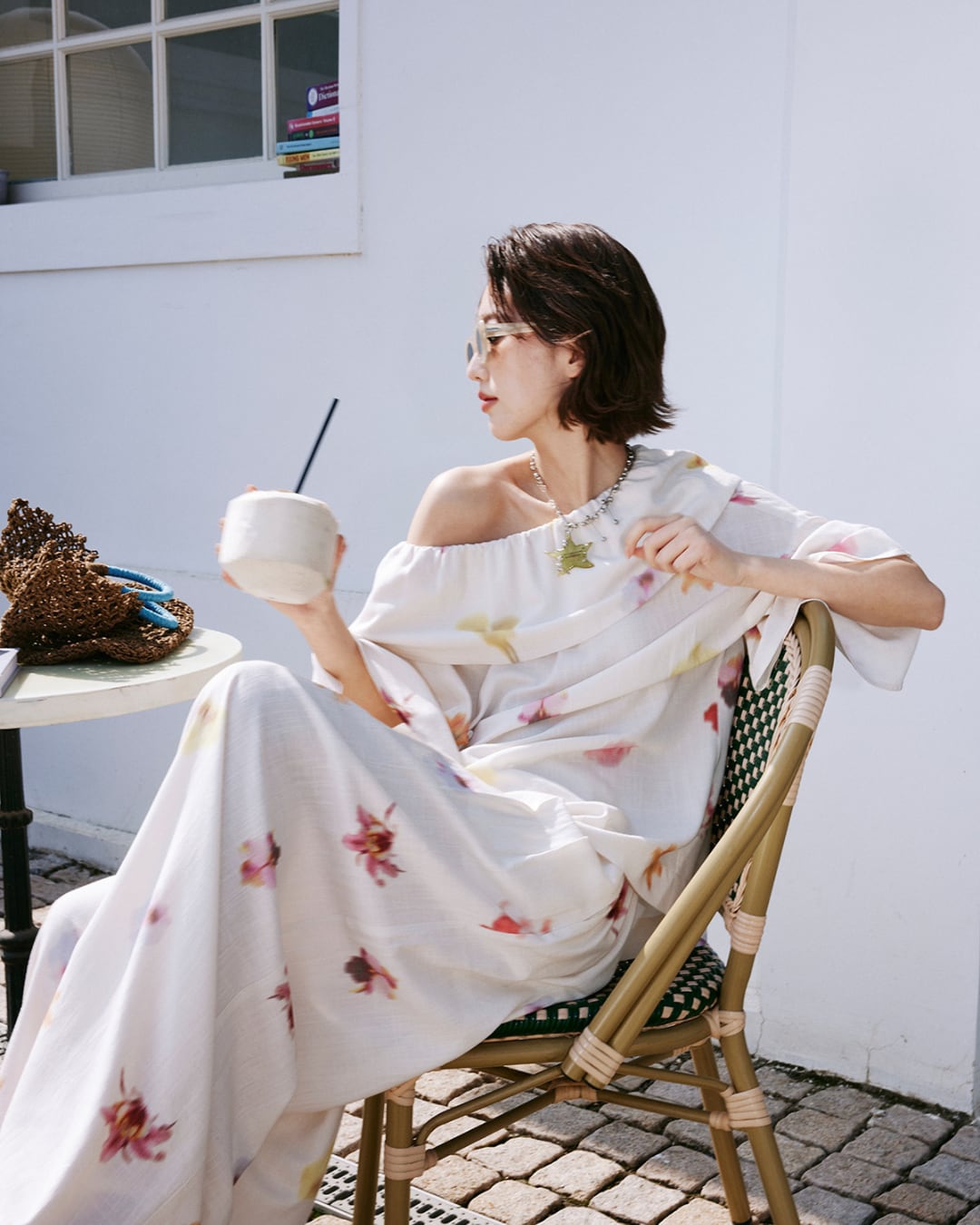 フラワーオフショルダートップス×ワイドパンツセット S26160