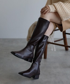 フェイクレザーローヒールロングブーツ【e-70523】.