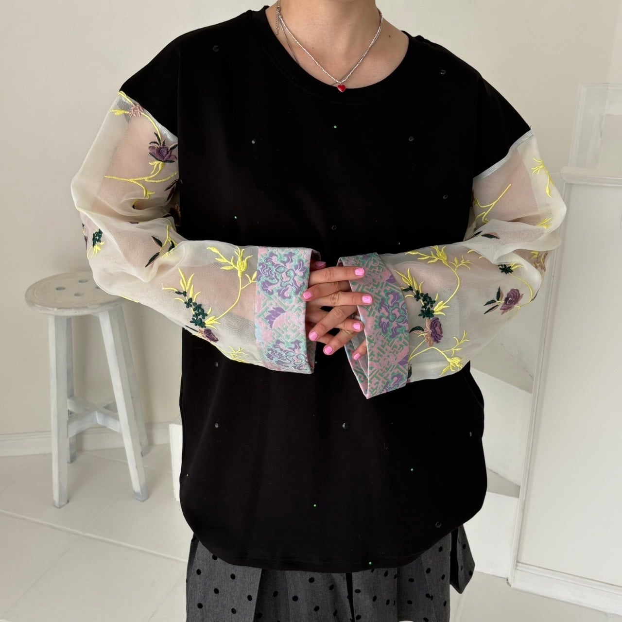 【plus size】スリーブスウィッチストーンロングカットソー _LN03424