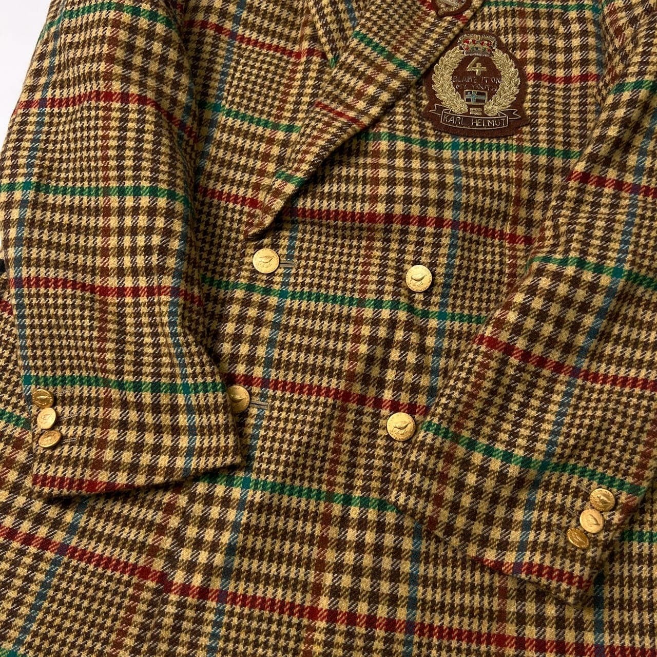 Karl Helmut カールヘルム ガンクラブチェック ワッペン付き 金ボタン 動物ボタン ダブル テーラードジャケット サイズ L